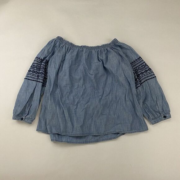GAP Blue Chambray Off The Shoulder Smocked Embroidered Blouse Size M 3/4 Sleeve - Picture 10 of 11